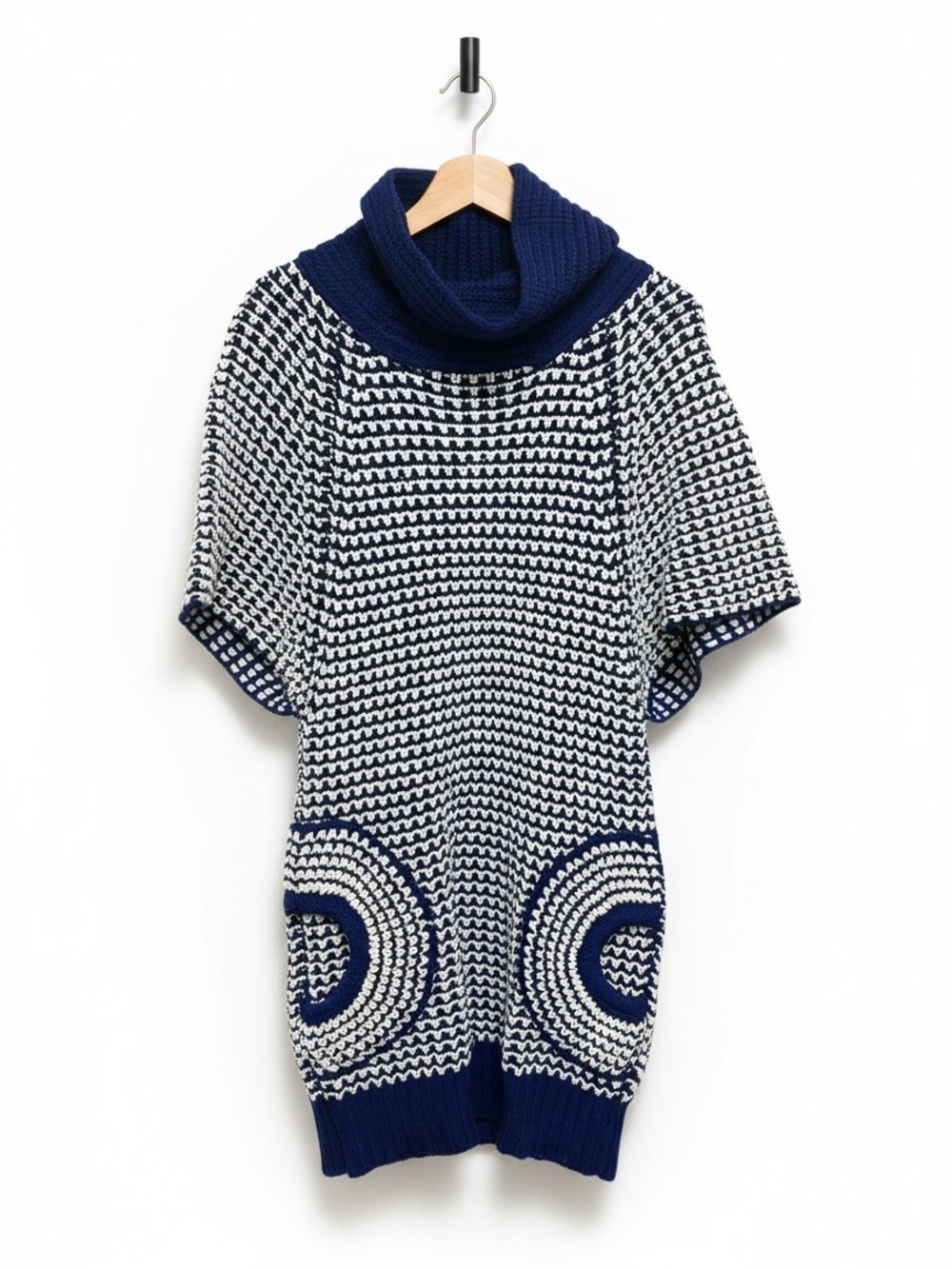 Vintage Mingle Blue White Cowl Neck Knit Tunic Top Size S